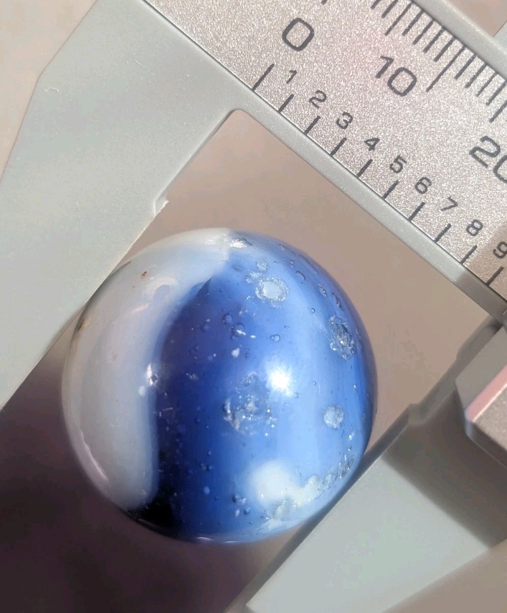 Blue White Glass Marble Shooter .98 Swirl Patches Hit Marks Opaque Vintage Toy