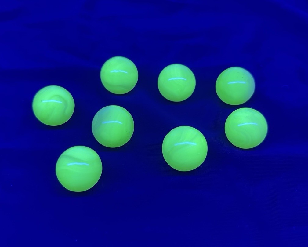 Burmese Glass Marbles Lot of 8- VTG – Glows Under Black light -5/8” Size
