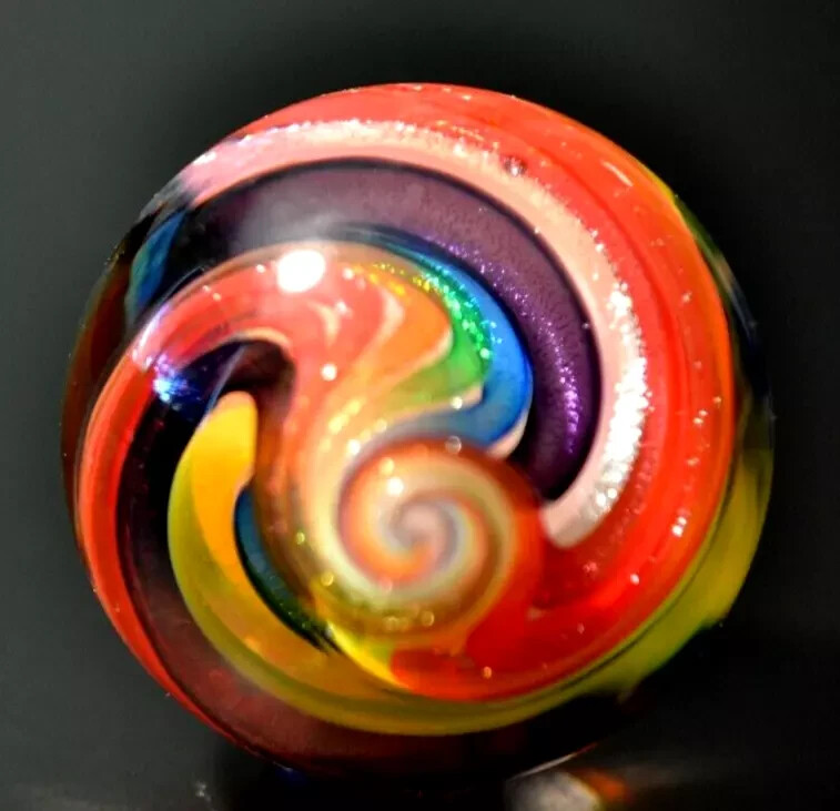 EDDIE SEESE GLASS MARBLE/1.839″-EXOTIC RAINBOW TRANS.DEEP LOBE DRT-WORLDWIDE