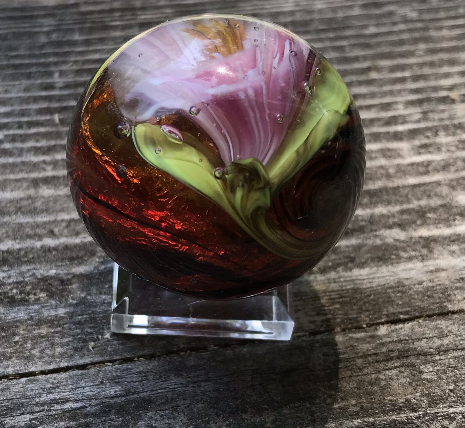 handmade art glass marble Experimental Pink Flower Silver Foil Made In KC