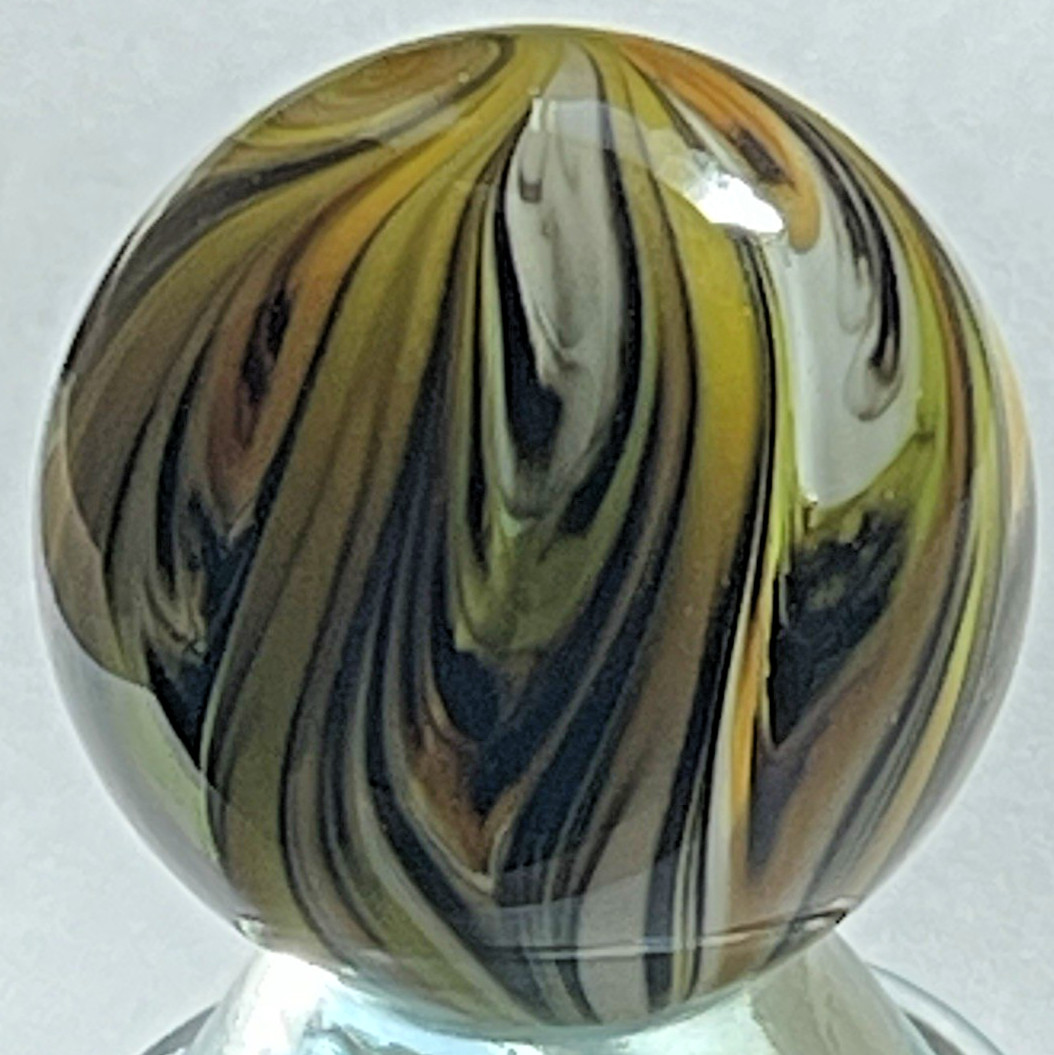 2015 RICK DAVIS MARBLE SIGNED HANDMADE GLASS ART 1.53 ORANGE YELLOW BLACK WHITE