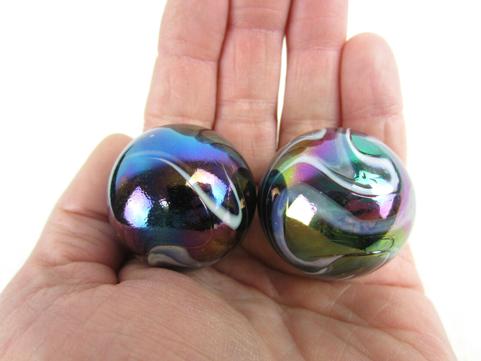 2 BOULDERS 35mm MILKY WAY Marbles glass ball oil slick LARGE HUGE Swirl