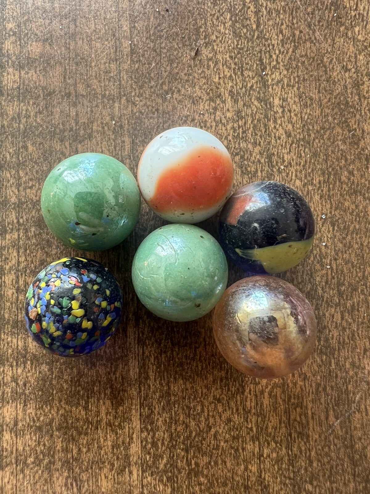 6 Vintage Handmade? Marbles Pink, Sage Green, Orange/white, Blue W/ Painted Dots