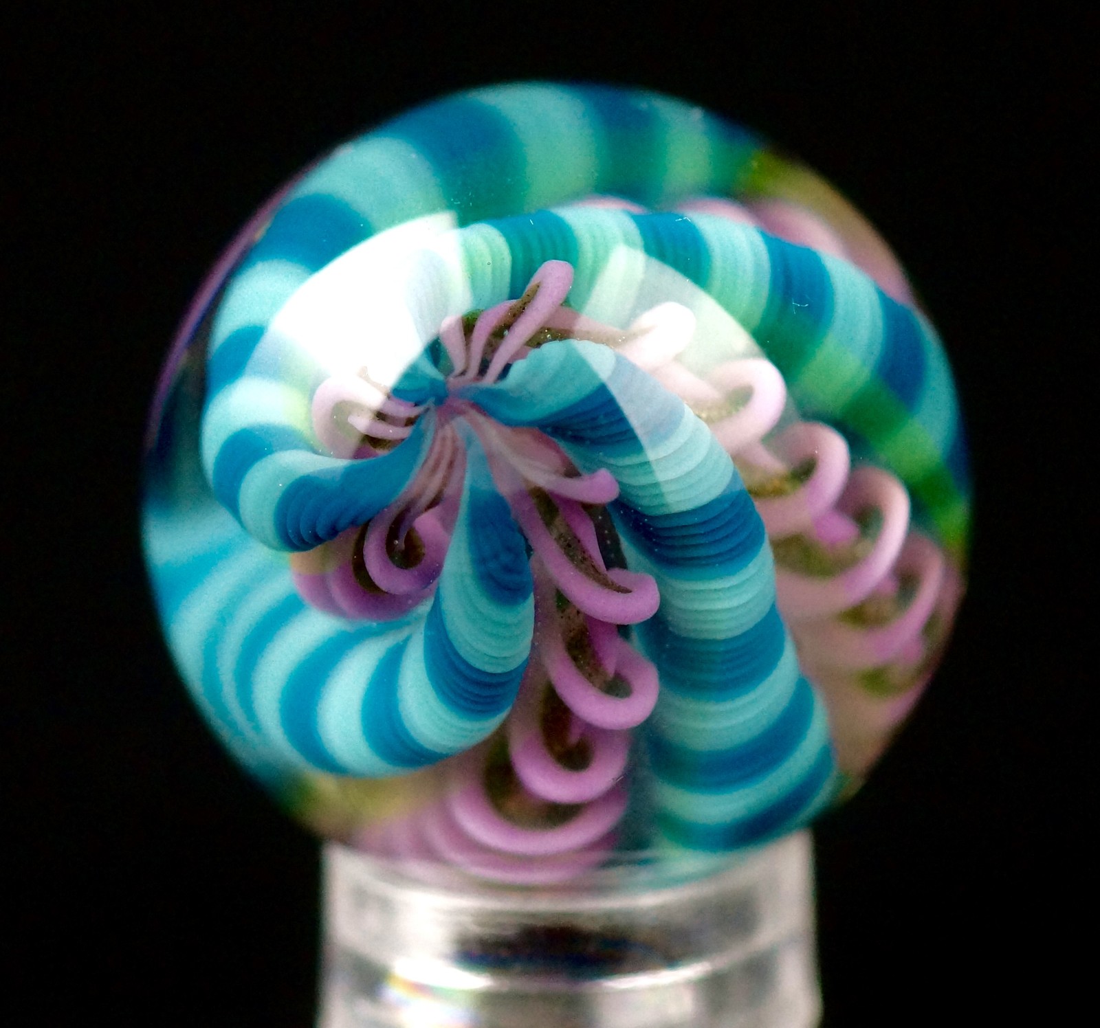 Bryan Trillas Glass Marble/Filigree Cane/UV/ Teal Blue & Purple/0.8-0.9 inch