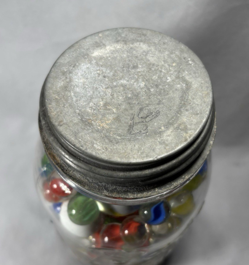 2Lbs 8Oz Of Shooter Marbles And Others In Ball Jar with zinc lid
