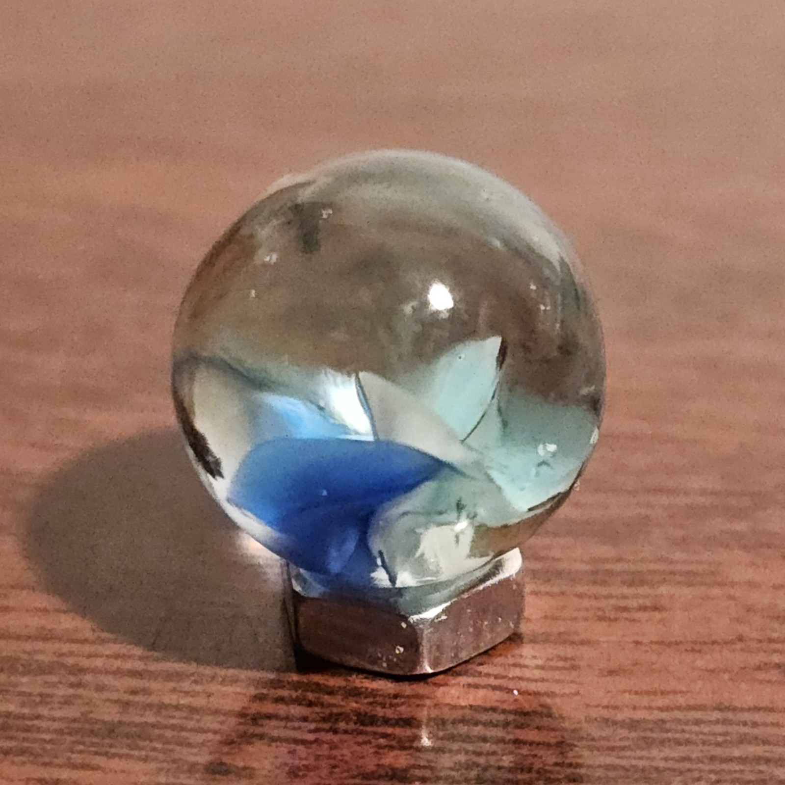 Vintage Dark Blue Light Blue Thru-White 6-Vein Cats Eye .592″ Glass Marble