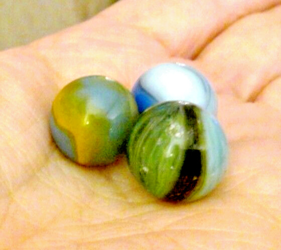 VINTAGE 3 MARBLES SWIRL BLUE OPAQUE AKRO ? VITRO ? CHRISTENSEN ? PELTIER ? 9/16″