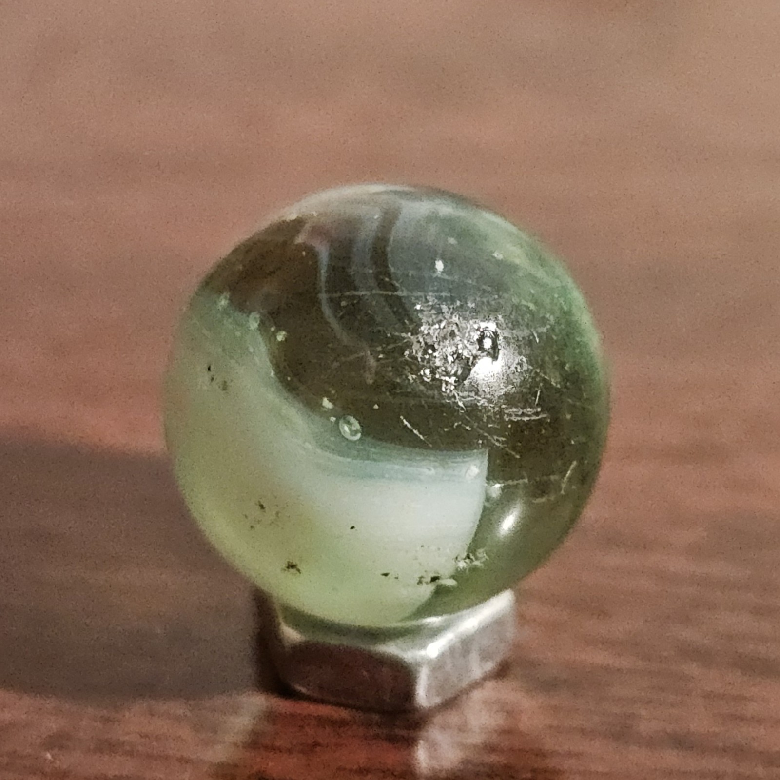 Vintage Master Glass Opaque White Swirl and Green Glass .593 Marble