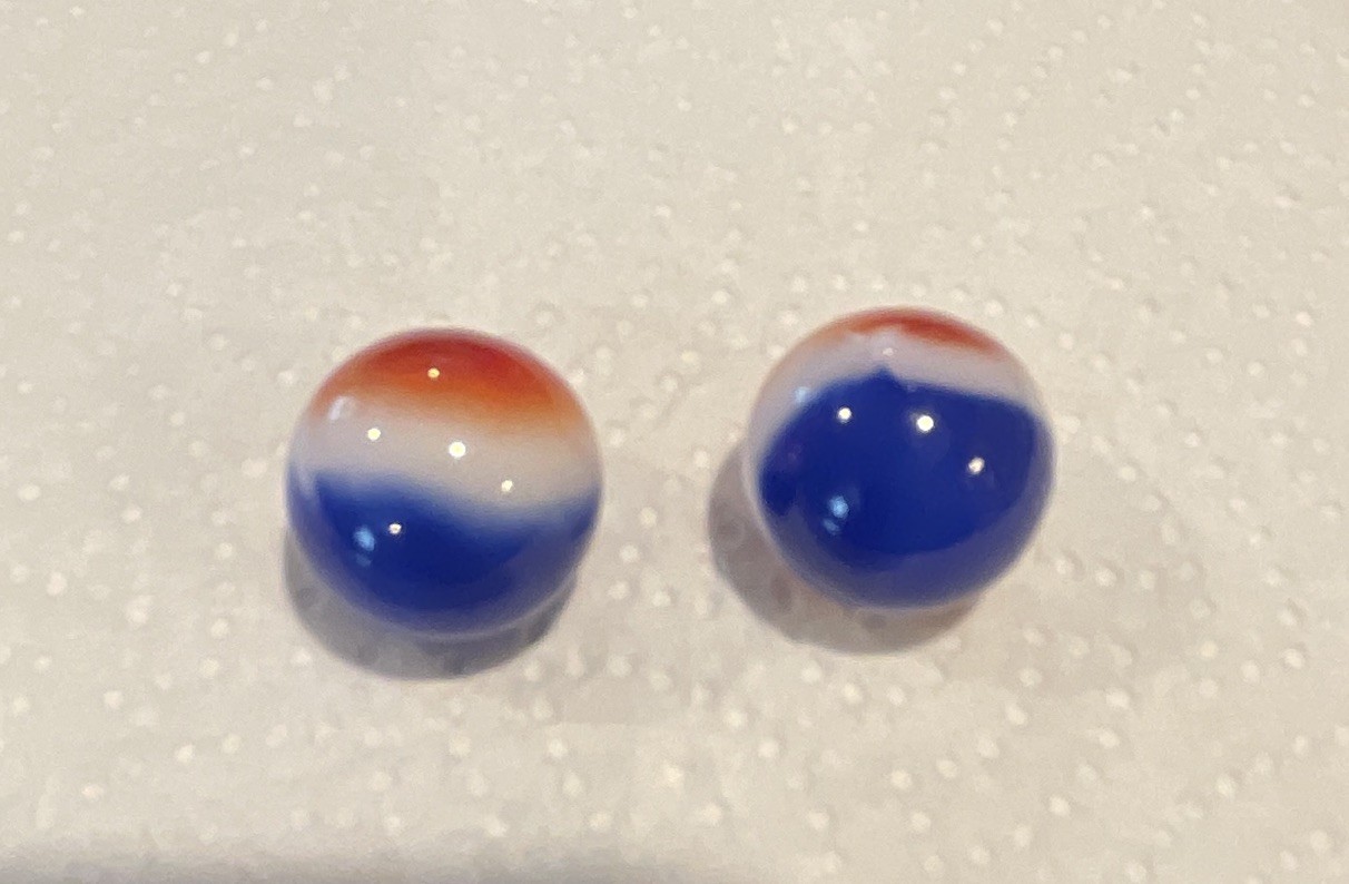 Lot of 2 Glass Toy Marbles Red White & Blue Swirl Style Machine Made Age 17+