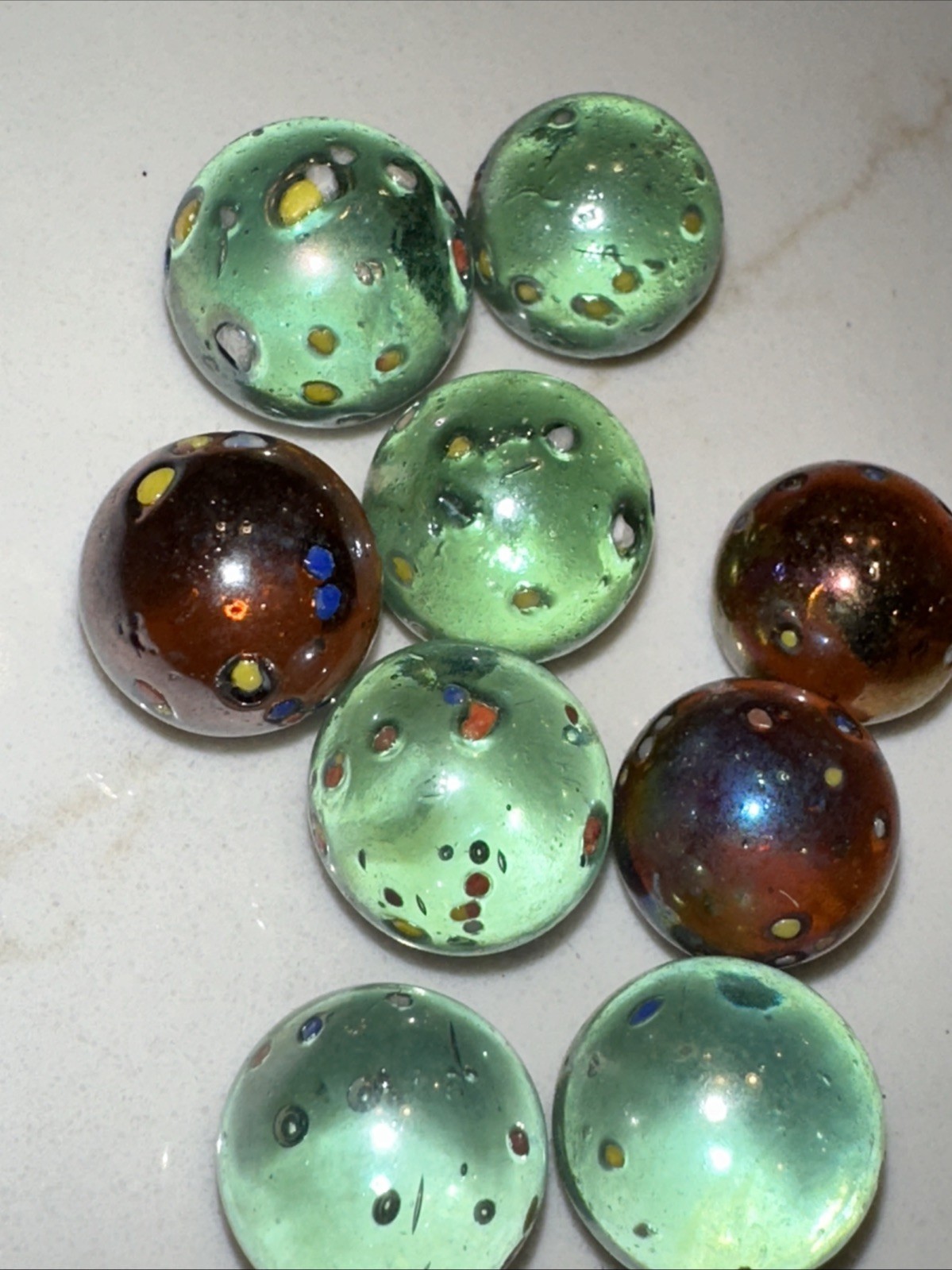 Lot Of 9 MARBLES Vintage Glass Confetti Speckled Purple Or Blue Clear