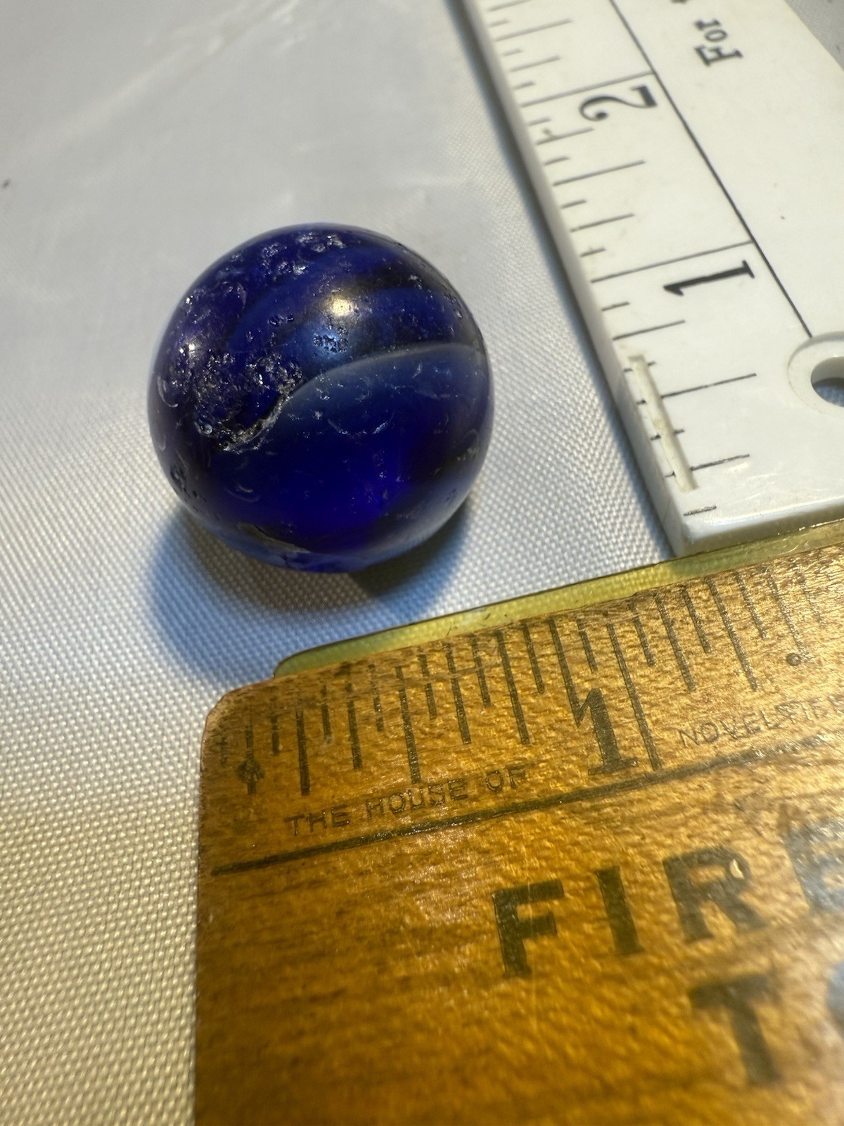 Akro Agate Corkscrew SPIRAL Shooter Marble Blue White Old Vintage Damaged