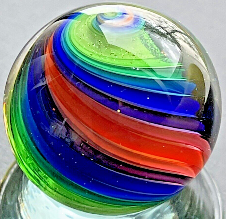 EDDIE SEESE MARBLE ART HANDMADE GLASS GREEN DICHROIC DOUBLE TWIST 1.43” FES 16