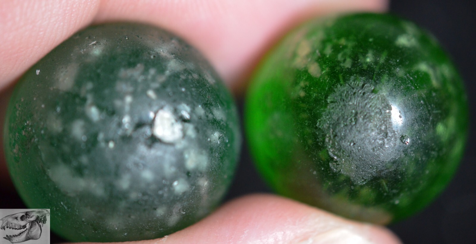 Four Handmade Green Mica Marble, 5/8 to 3/4 in, Good to Near Mint, Germany S903