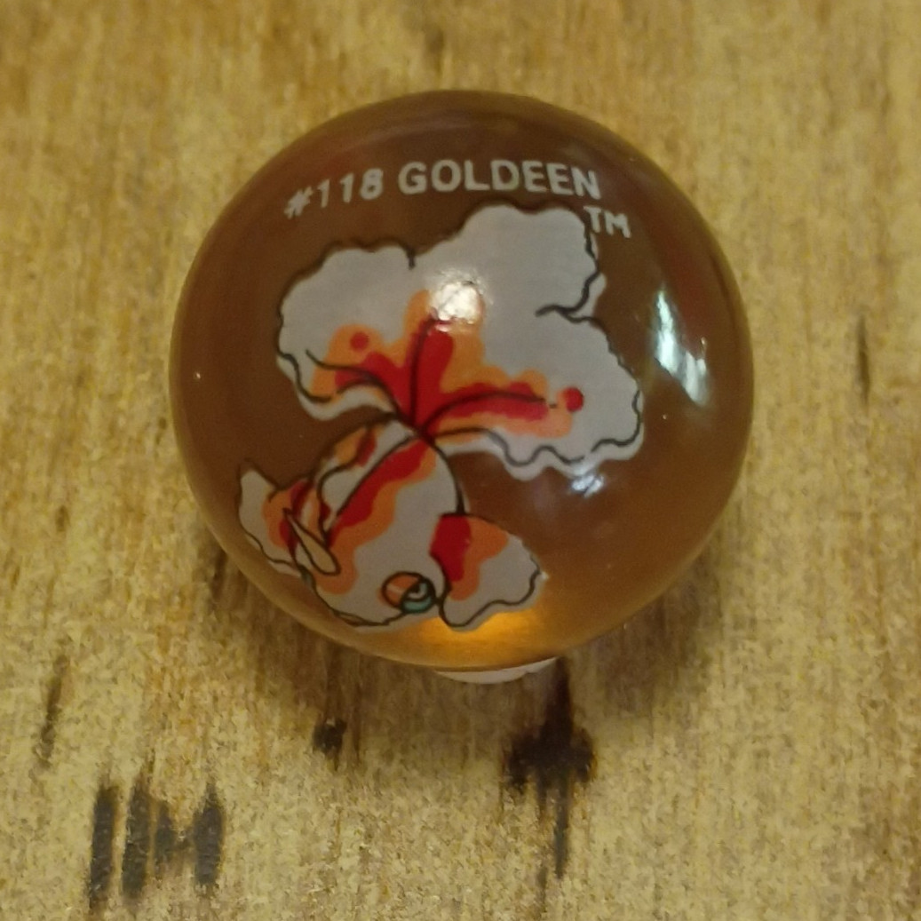 Machine Made Glass Marble w/ #118 GOLDEEN Printed Character Design