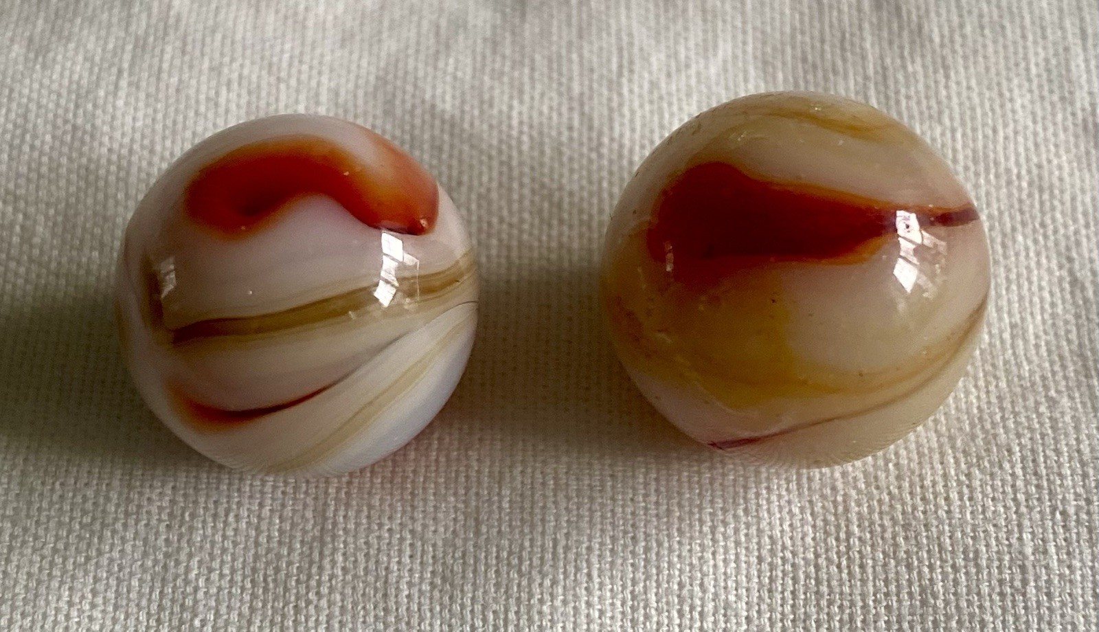 Pair Of Vtg Alley Agate Red & Yellow Swirl Marbles 1/2” & 9/16” (zzd7)