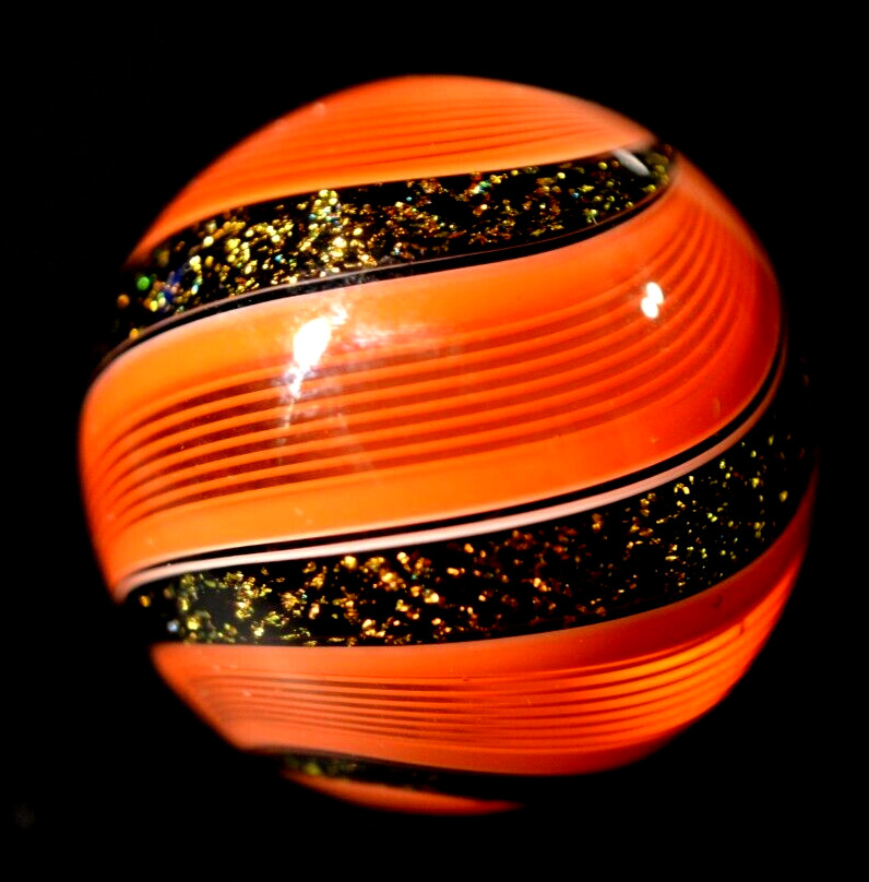 HOT HOUSE GLASS MARBLE/1.726″-TOMATO RED LATTICINIO STYLE W/DICHROIC-WORLDWIDE
