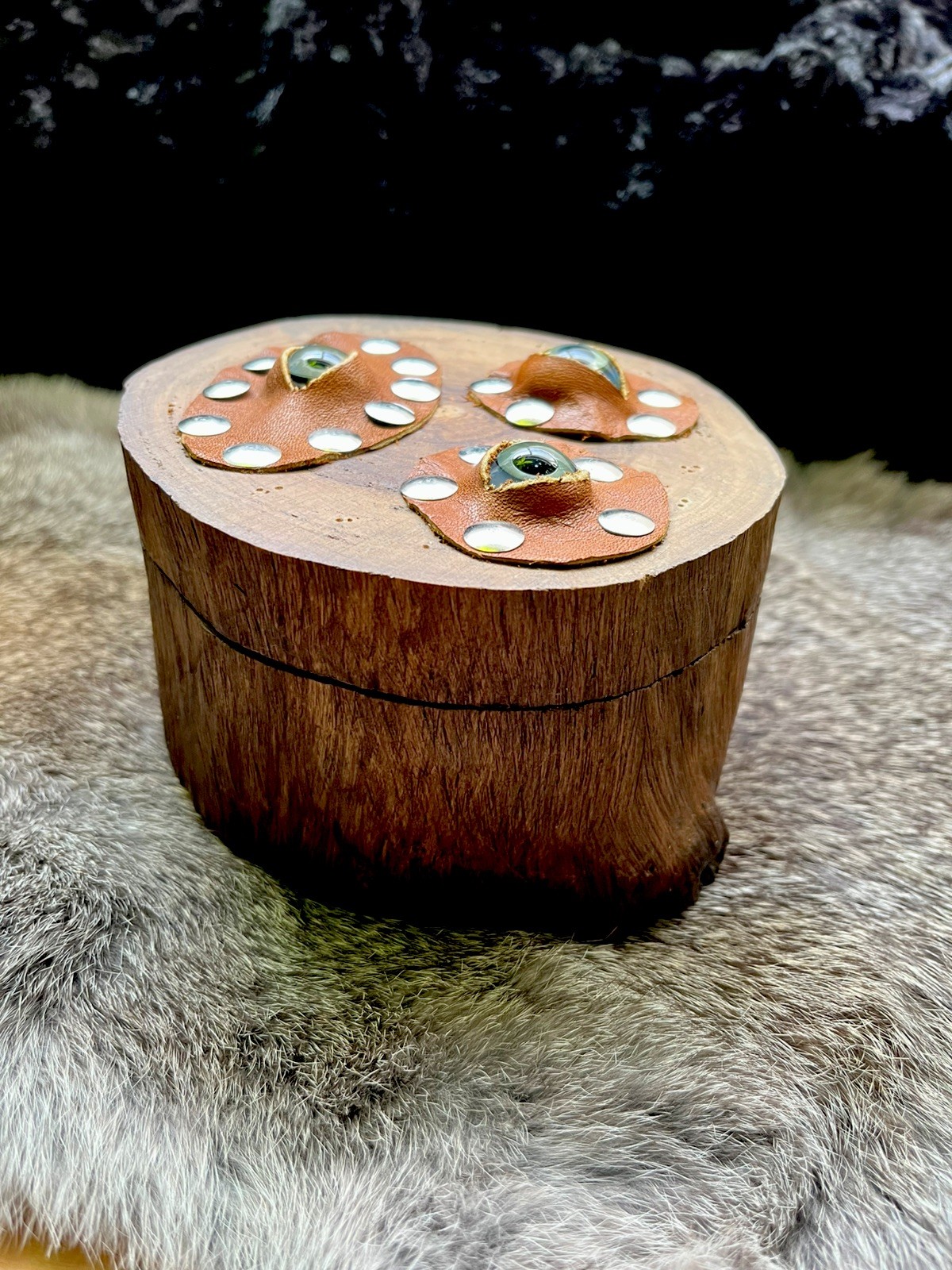 3rd Eye Wood Treasure Stash Box Leather Glass Art Eyeball Marble Hocus Pocus