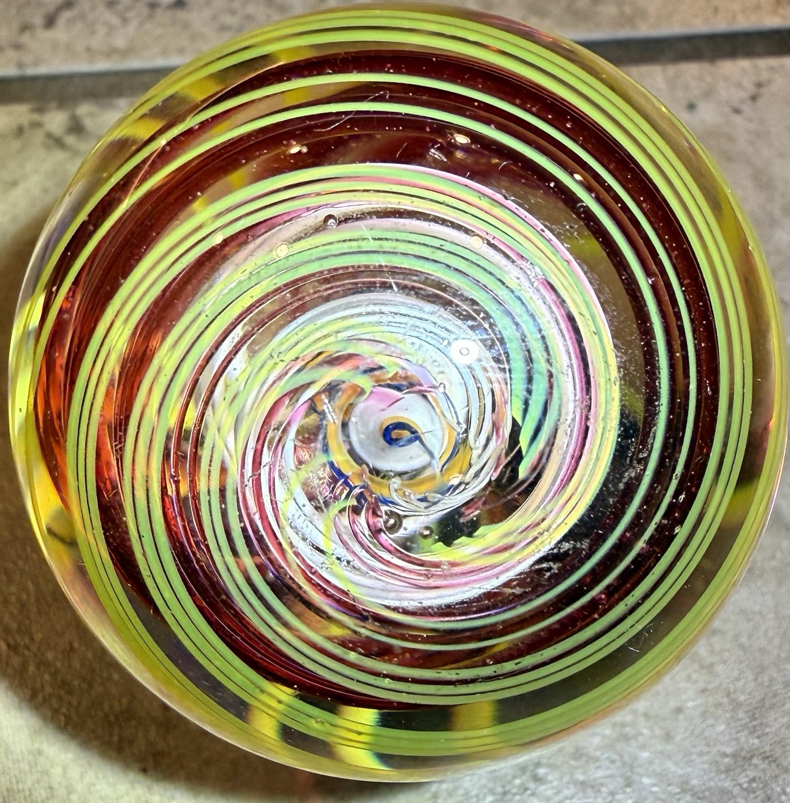 Studio Artist Signed Art Glass Marble 1.73” Latticino Ribbon Core Handmade