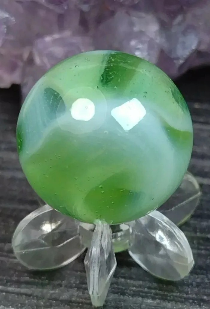 Lime GREEN FIZZY Fat Ribbon Swirl Alley or Cairo Glass NM Vintage Marbles .59″