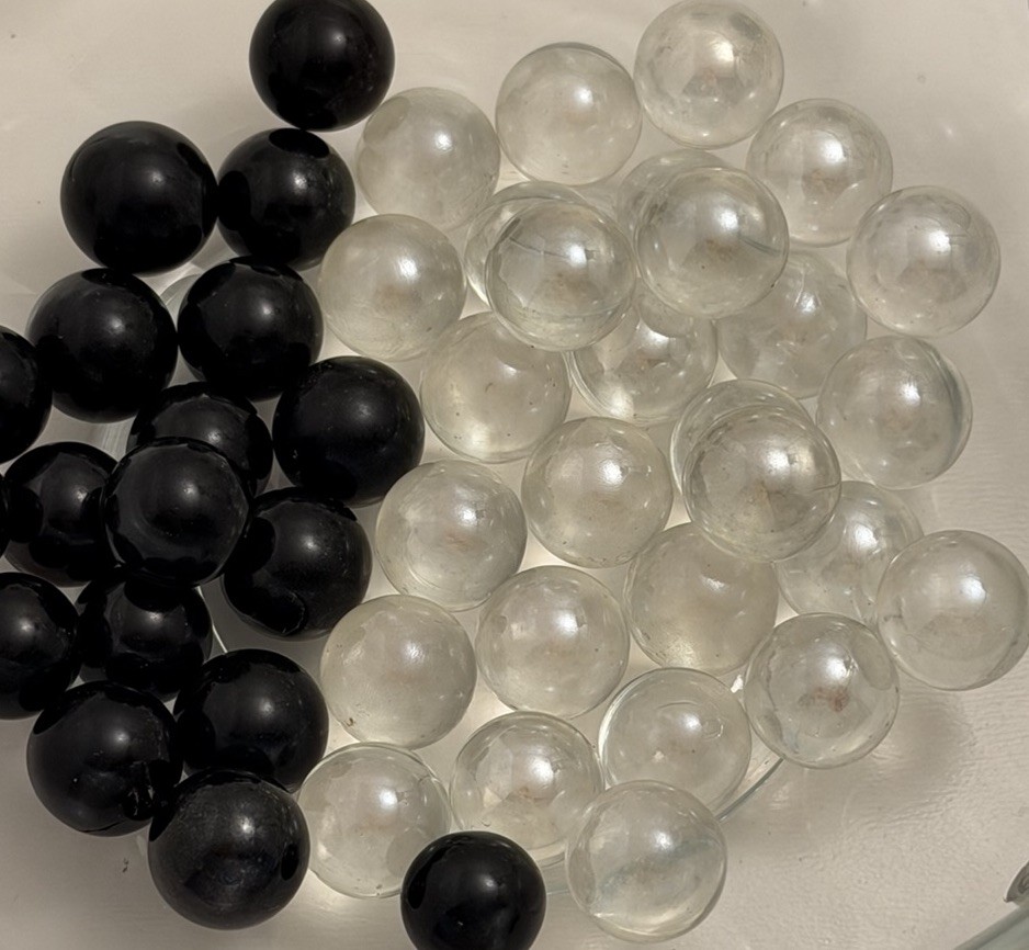 Vintage Lot (28)Clear Glass Marbles & (18)Black Glass Marbles Approx 1cm 6.4oz