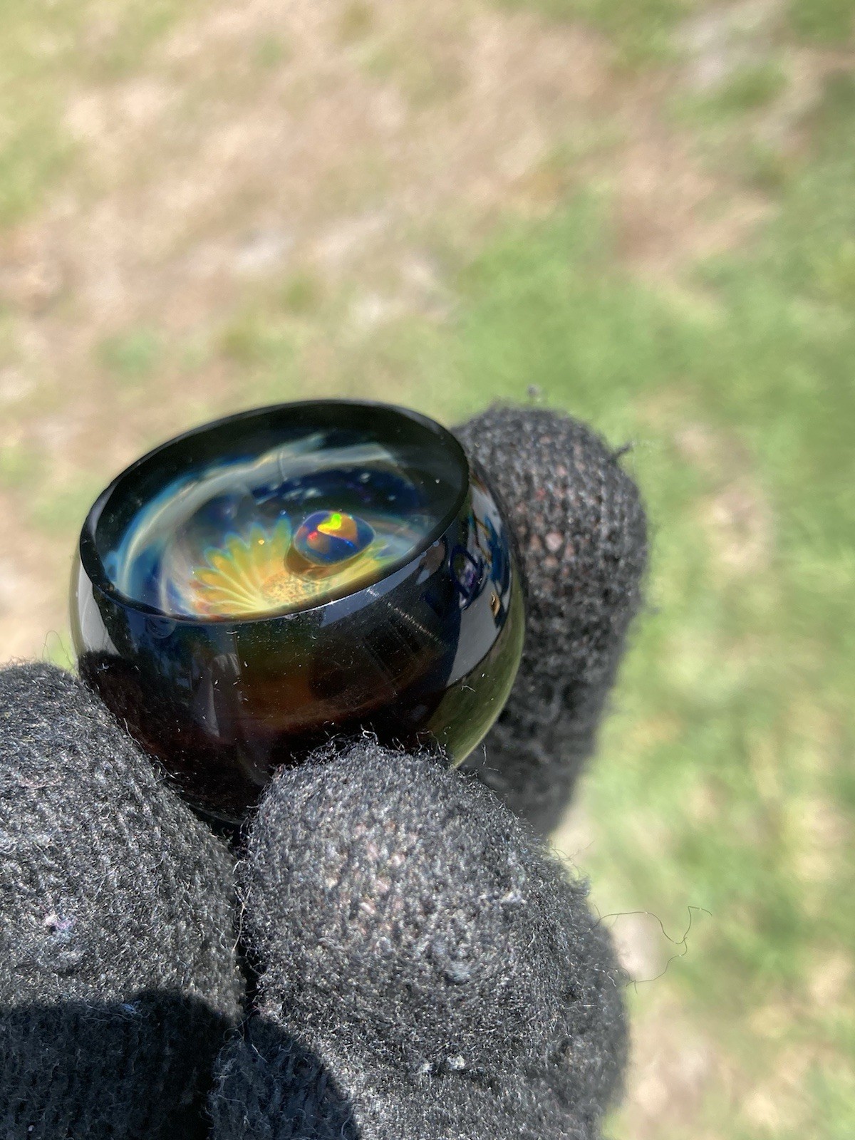 Glass Boro Space Marble 33mm W/ Opal Stone Hand Made Art W/ Faceted ￼Sculpture