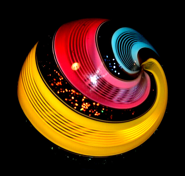 HOT HOUSE GLASS MARBLE/1.475″-TRIPLE BANDED FINE LINER-TURQ,SUNFLOWER,TOMAT0&DIC