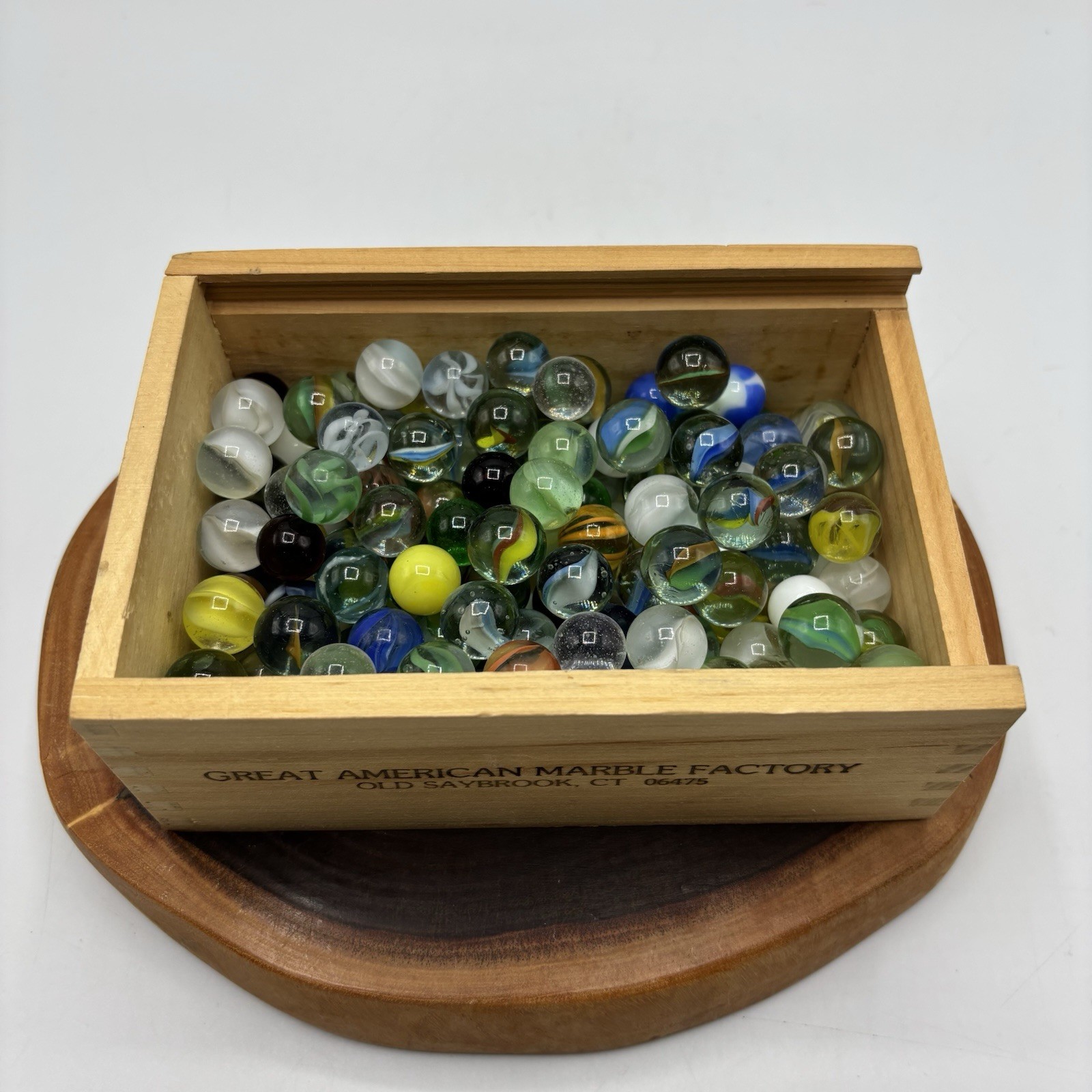 Great American Marble Factory Wooden Box & 158 Glass Marbles Vintage Toy