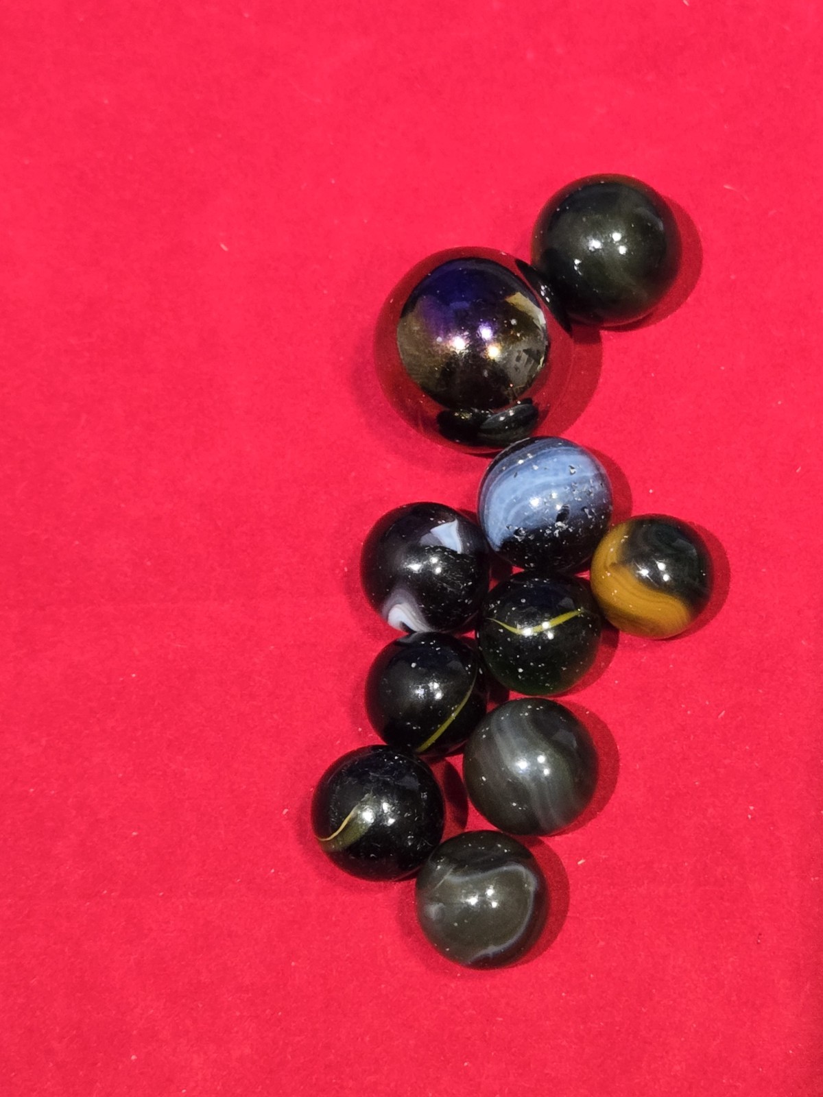 9 Glass Swirl Marbles + 1 Lg Shooter Ball Iridescent Oil Slick Vtg Toy Lot