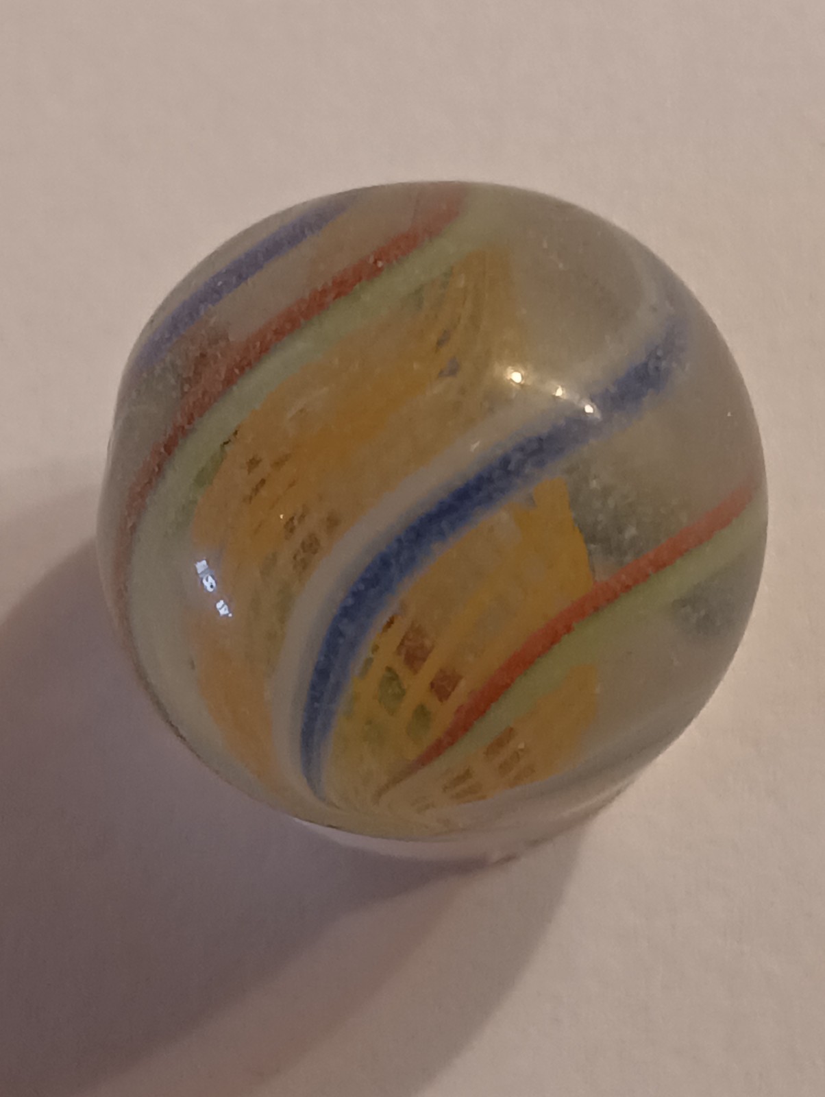 German Latticinio Yellow Core Marble. .74 Inch Blue White / Red Green Stripes