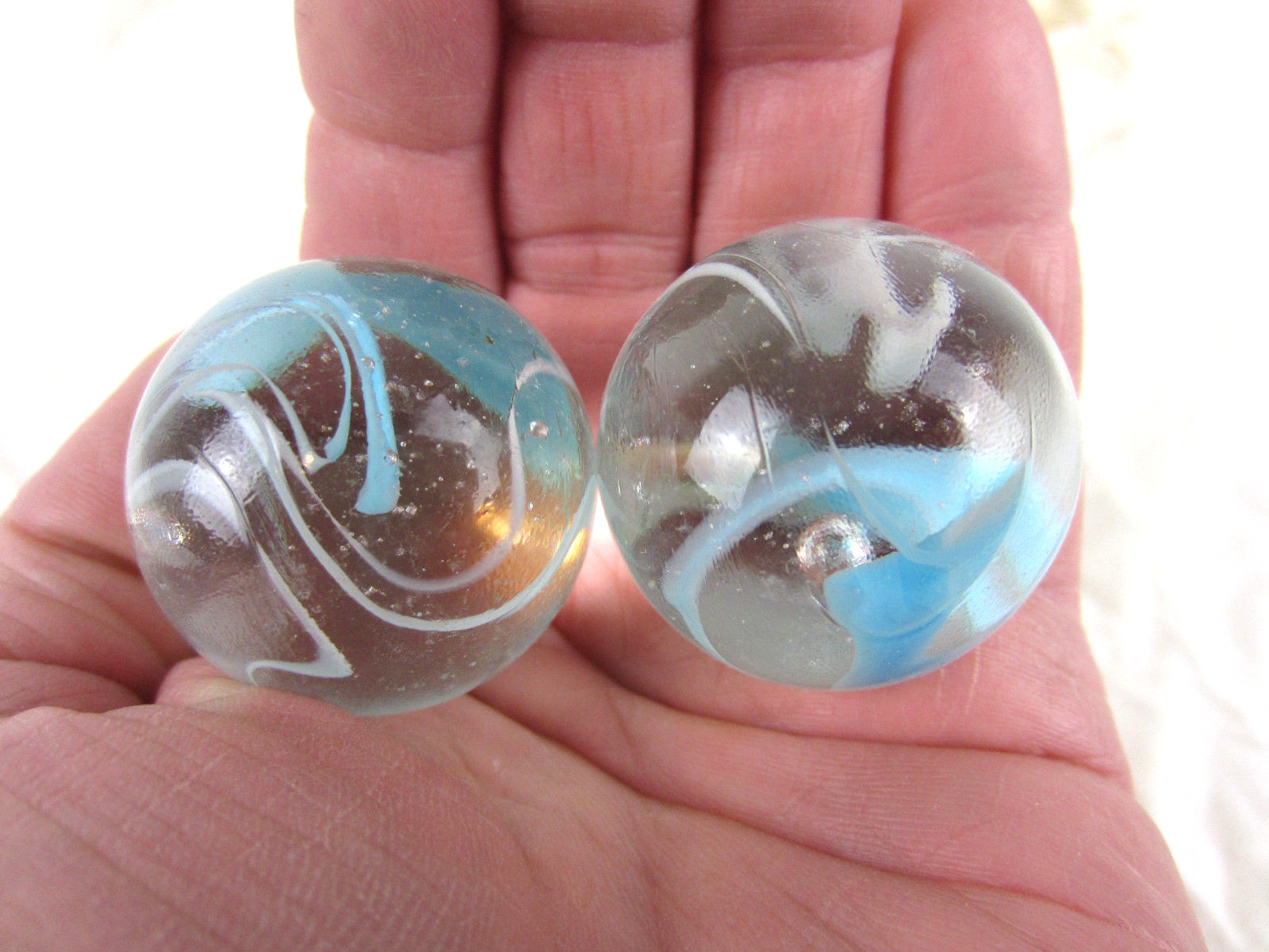 2 BOULDERS 35mm ARCTIC Marbles glass ball Clear Blue White Ice HUGE Swirl