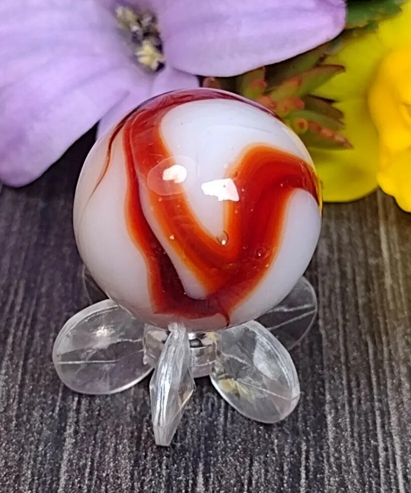 UNIQUE Blood Red Turkey Swirl BEAUTIFUL Vintage MARBLE Glass Toy .61″ READ