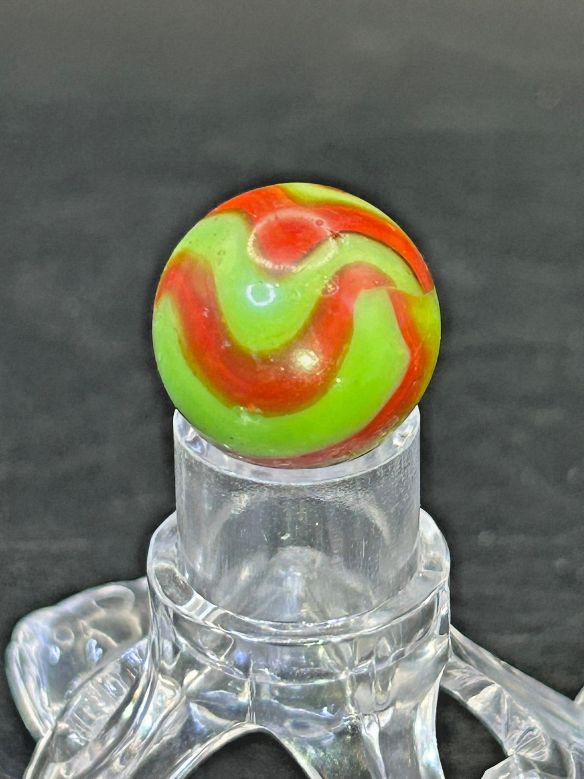 Vintage Peltier NLR Flaming Dragon Marble, Green Base/Red Ribbons, .67″, NM+ #P4