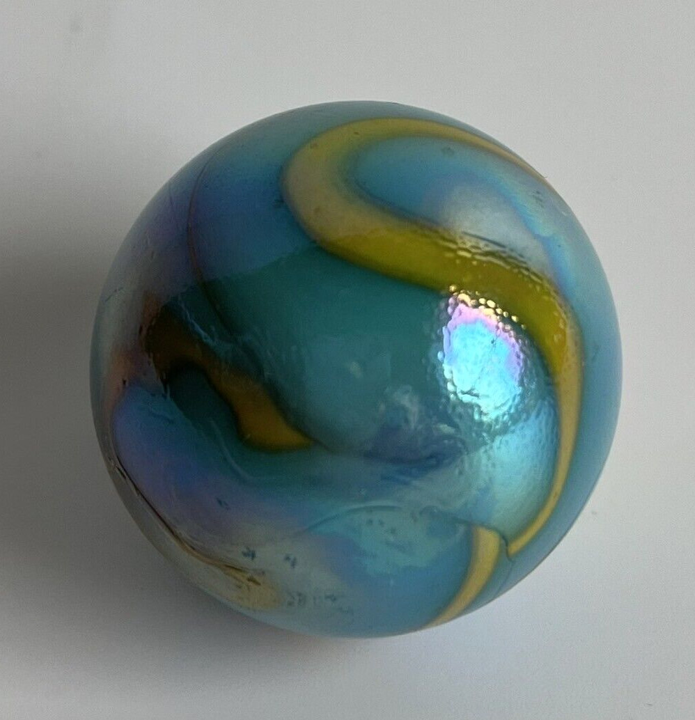 Large Iridescent Blue & Mustard Color Abstract Swirl Glass Shooter Marble