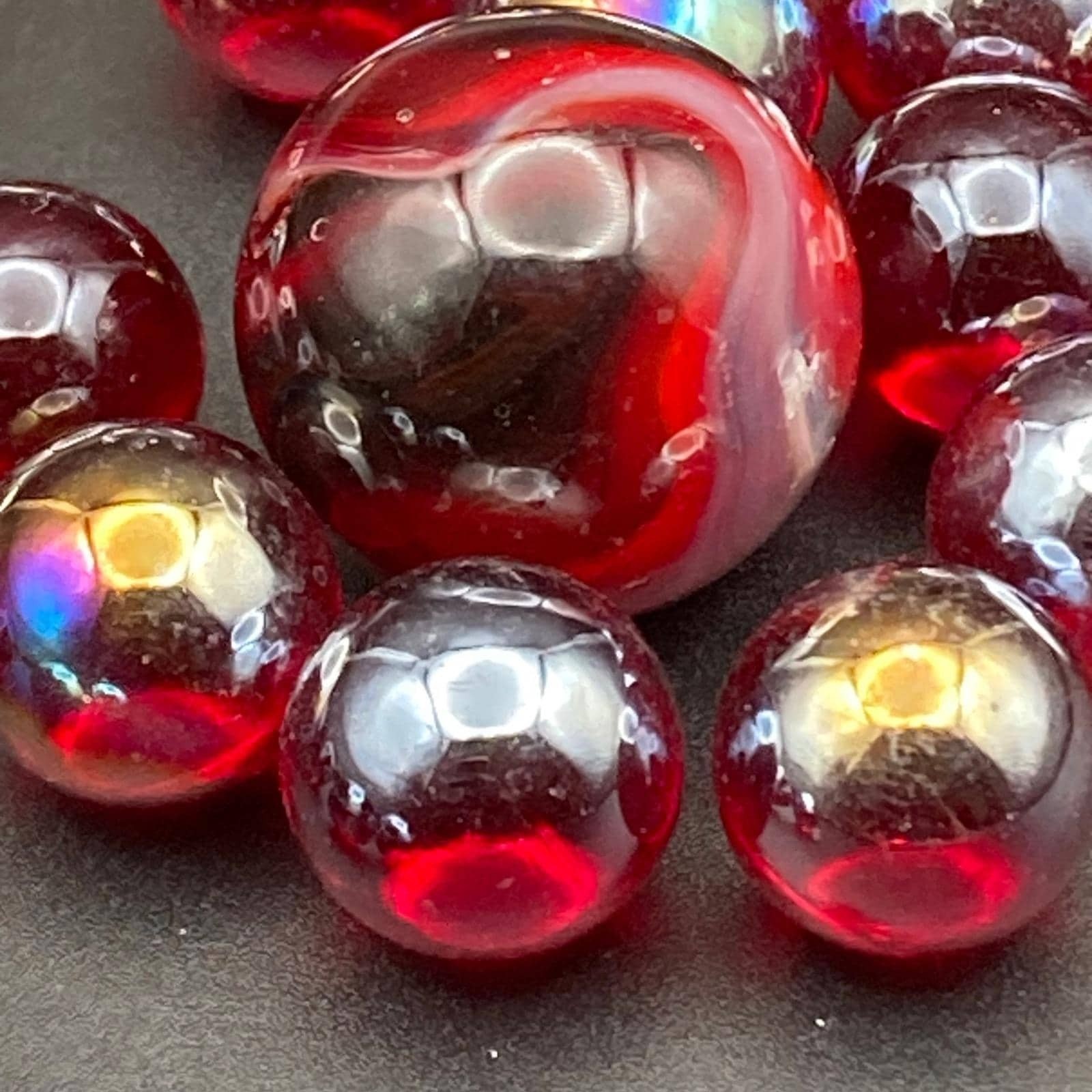 Vintage Glass Marbles / 25 Iridescent Red Orange Cadmium / Small / Glows / No 24