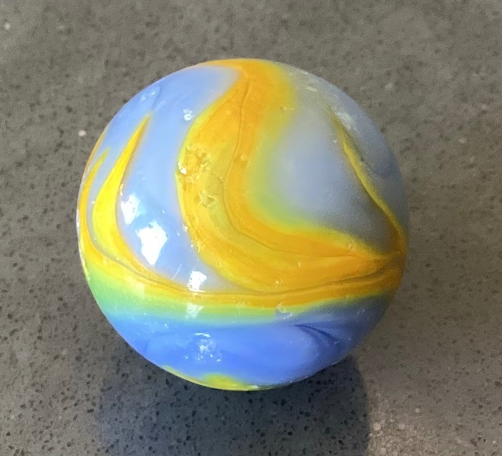 Marble Alley Agate Shooter Boulder Blue Yellow Flames Played Good+ to NM- 0.99”