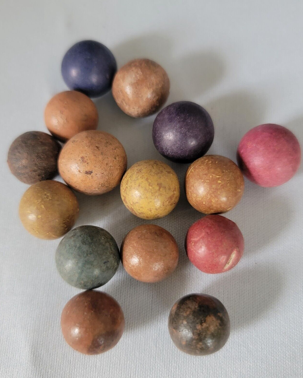 Group of 15 Various Size Vintage Clay MARBLES Blue-Purple Pink Green Brown pk 15