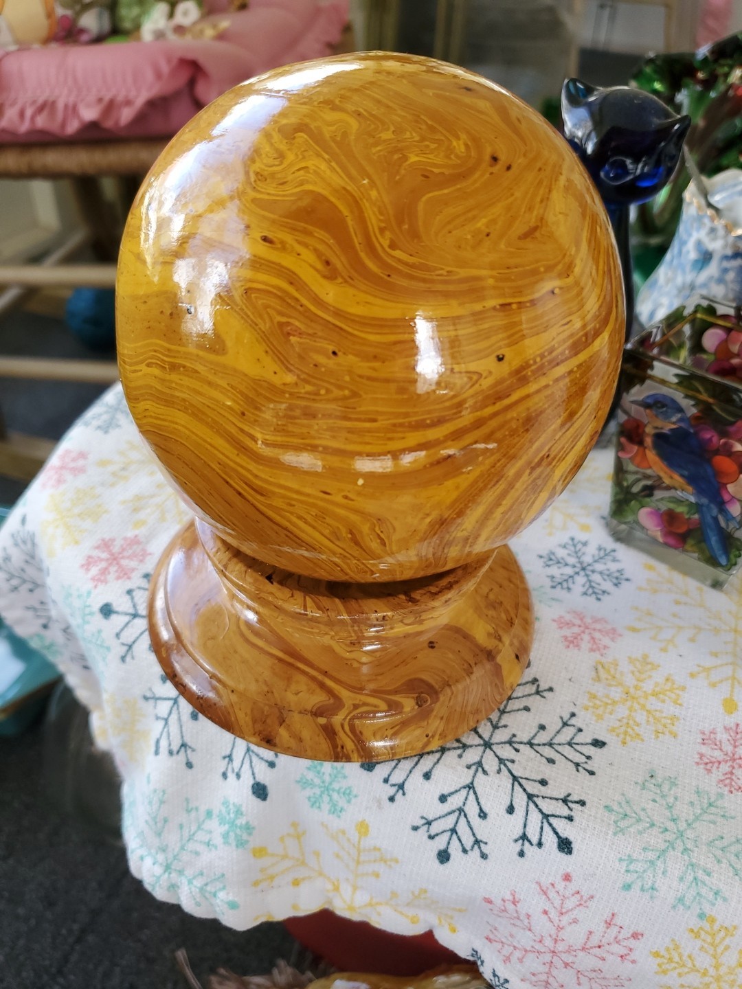 VTG ITALIAN CERAMIC MARBLE SPHERE ON PEDESTAL MADE IN FLORENCE ITALY 6.5″X 4.5″
