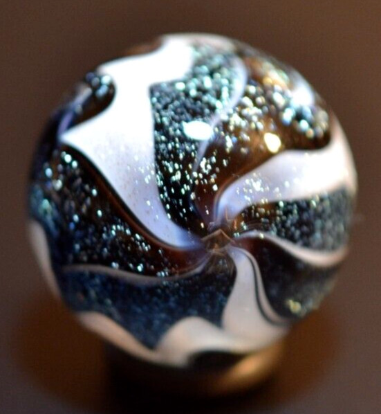 HOT HOUSE GLASS MARBLE/1.140″-FLAME TWIST BANDED FINE LINER-TURQ. DIC. OVERLAY
