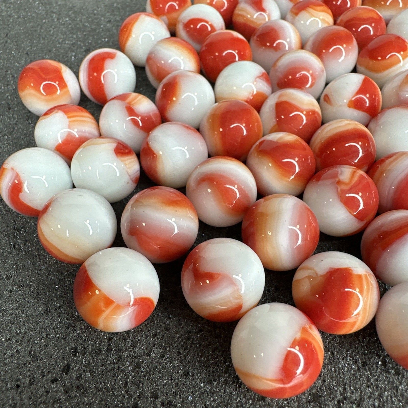 Lot of 80 Marble King Red Orange White Marbles .58″-.62″ Size Range