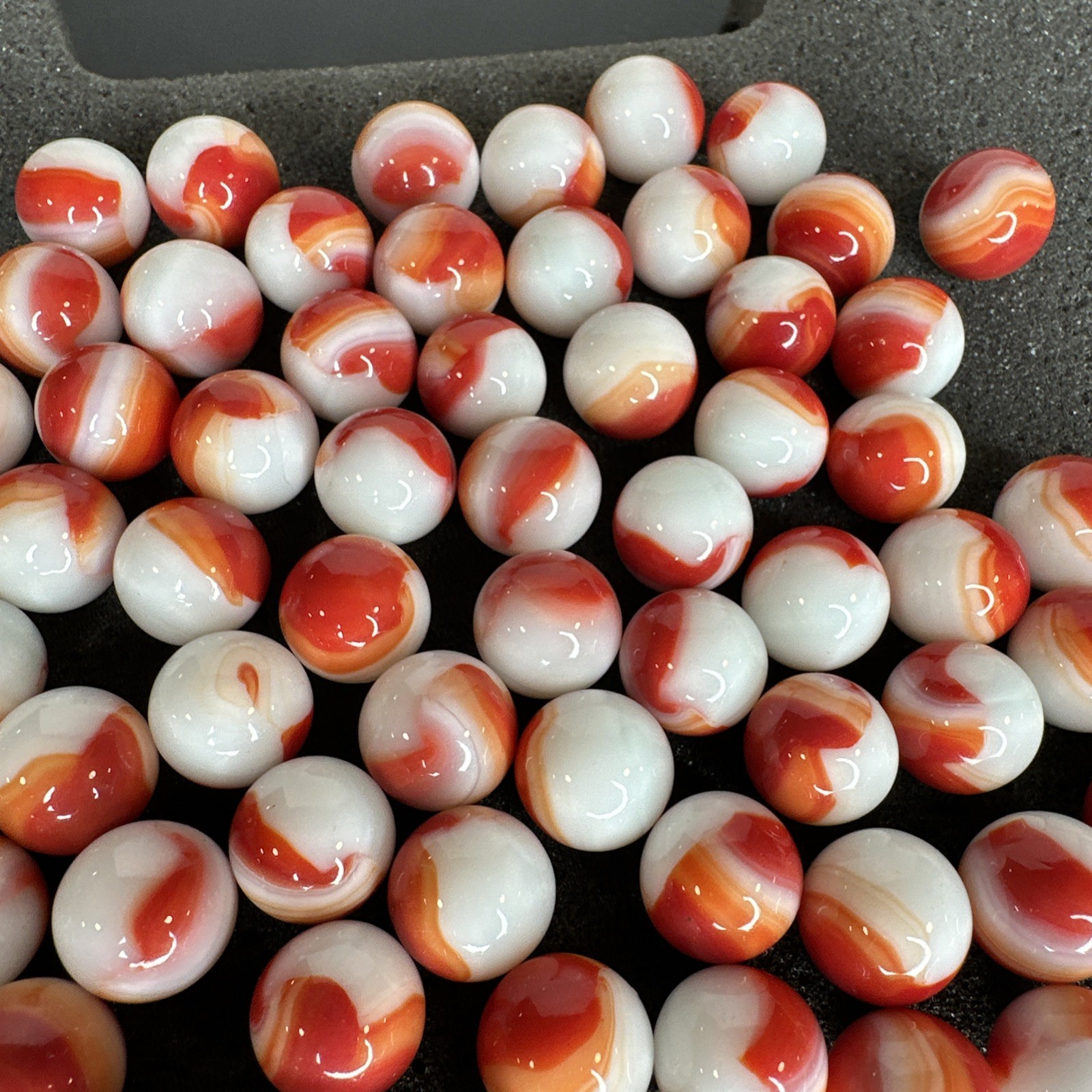 Lot of 80 Marble King Red Orange White Marbles .58″-.62″ Size Range