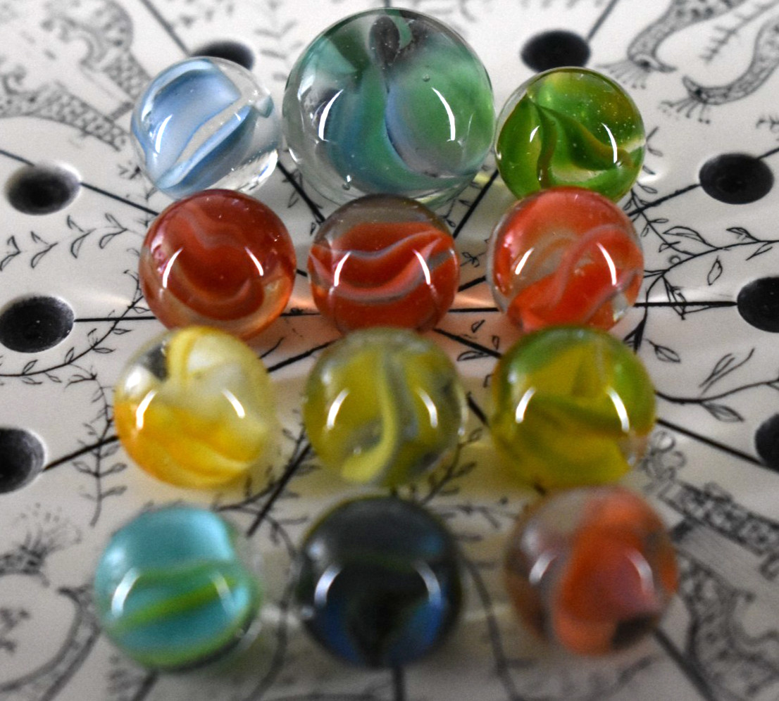 Vintage Vitro Agate 4 Vein Hybrid Cats Eye Marbles x11 Multi Color + Shooter .87