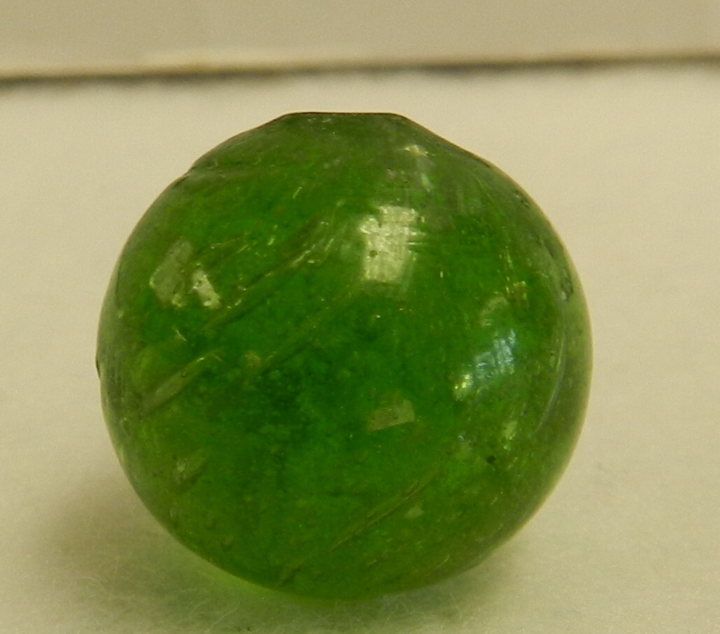 #18398m Vintage German Handmade Green Glass Mica Marble .64 Inches