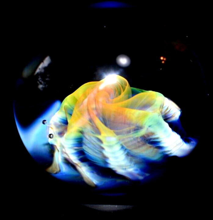 ETHAN LESCH GLASS MARBLE/1.472″-CYCLONE-TURQ,GRASS,YELLOW, ORANGE,GREEN LUTZ +
