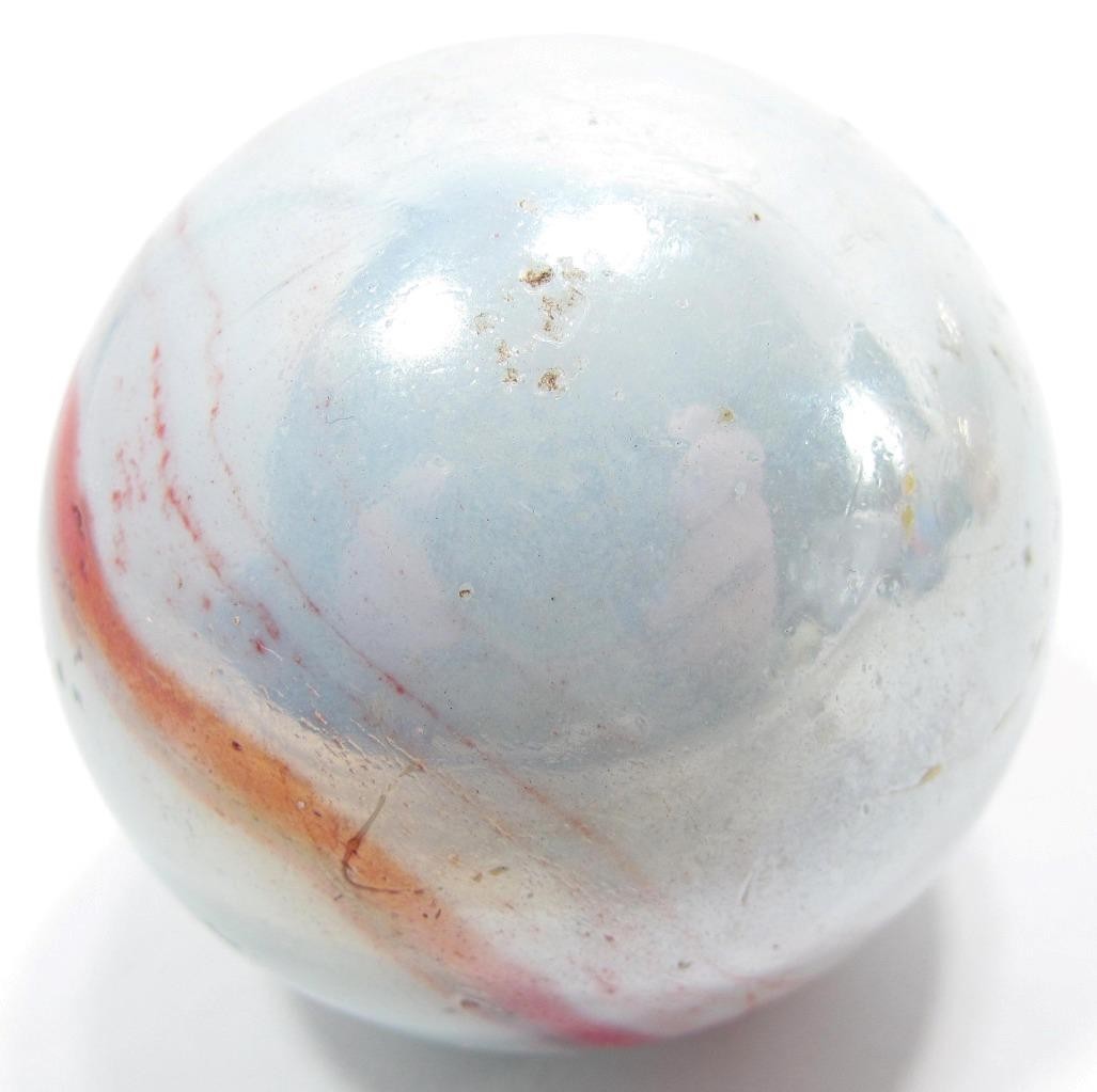 Large VTG 47mm 1.8″ White Iridescent Marble Blue Orange Ribbon Glass Shooter