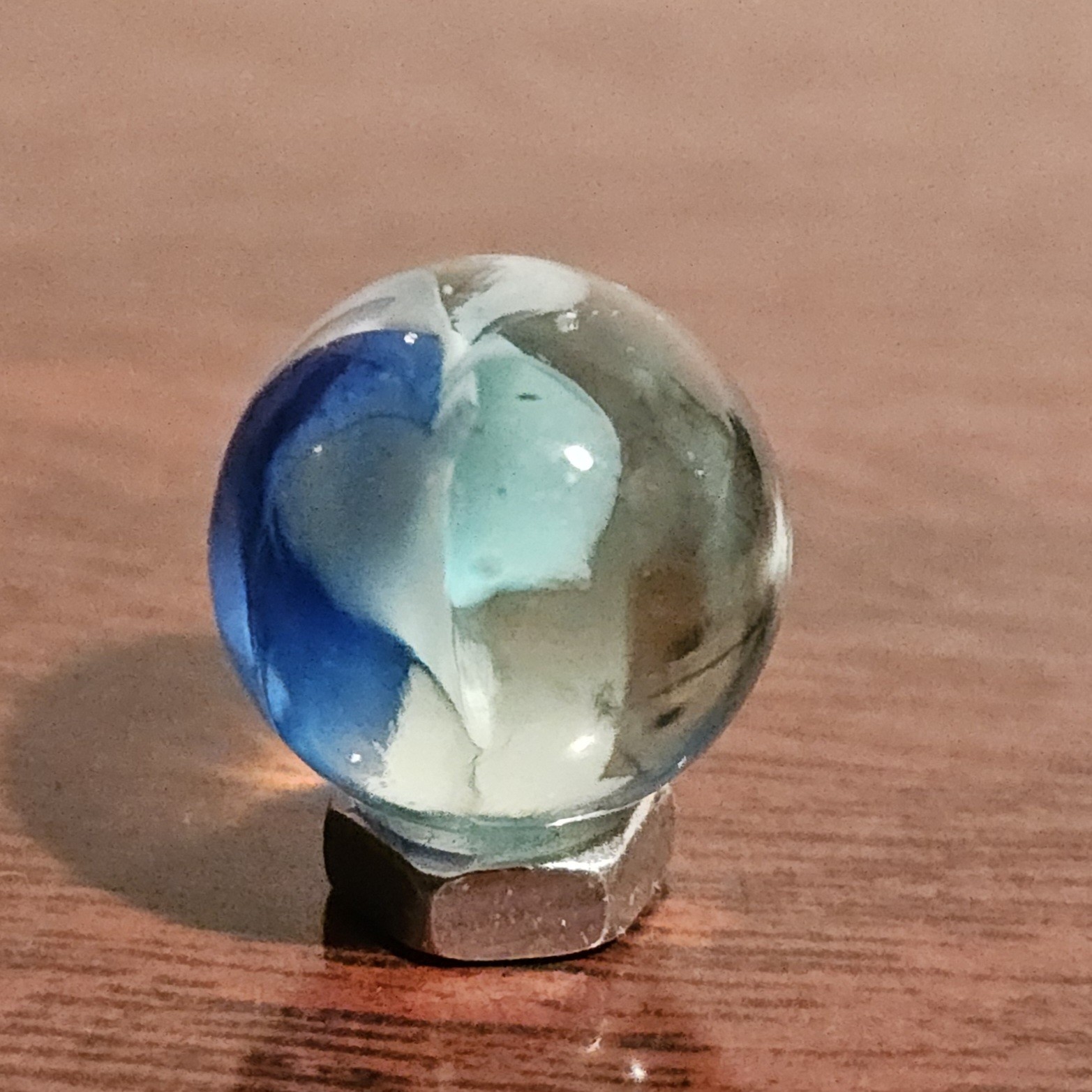 Vintage Dark Blue Light Blue Thru-White 6-Vein Cats Eye .592″ Glass Marble