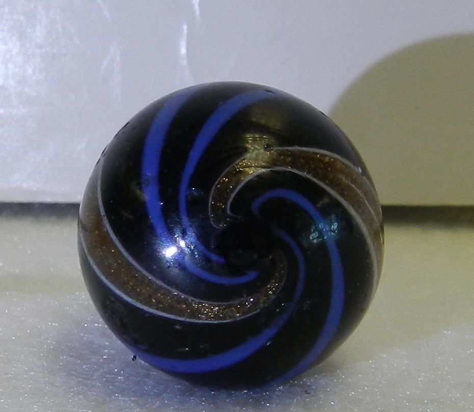 #20021m Vintage German Handmade Black Base Banded Lutz Marble Blue Bands .77 In
