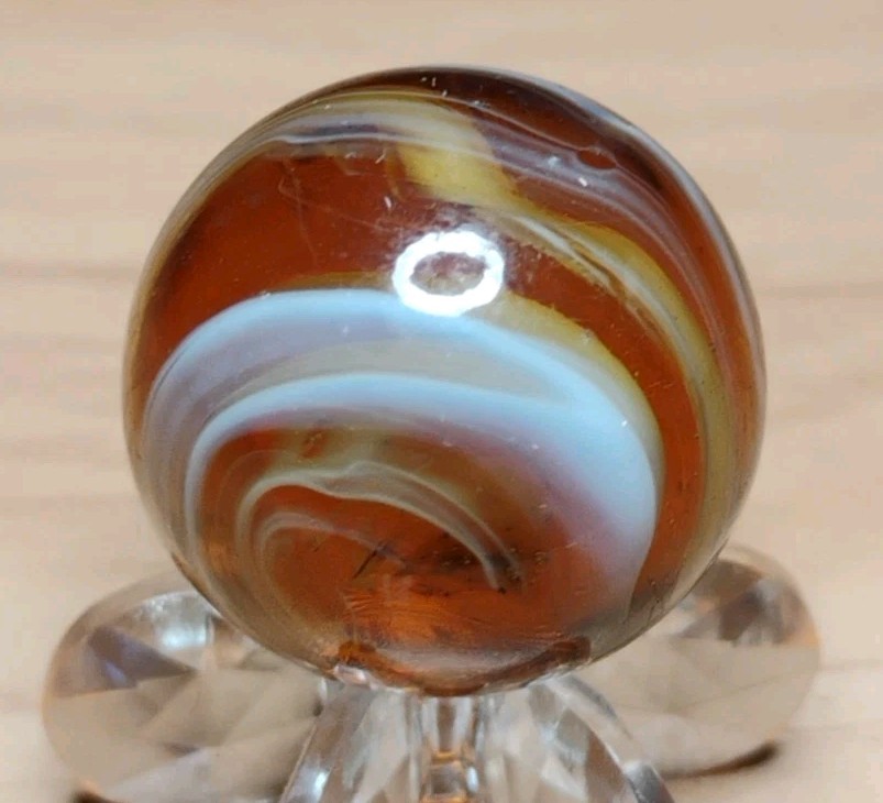 .76″ CHRISTENSEN/PELTIER MARBLES -AMBER SLAG NM+ RARE
