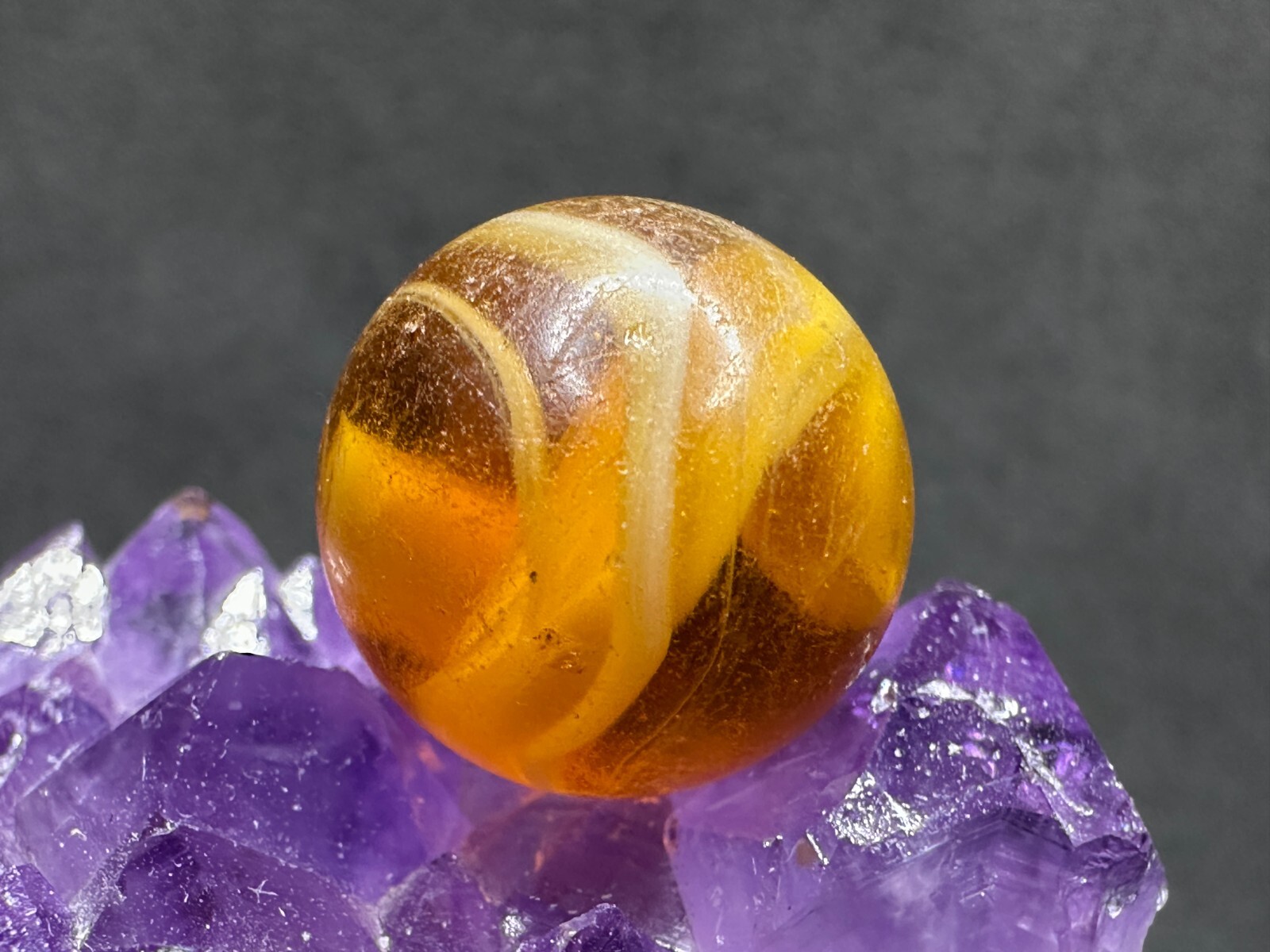 Vintage M.F. Christensen Slag Hand-Gathered ‘9 Tail’ Marble – AMBER – .76″