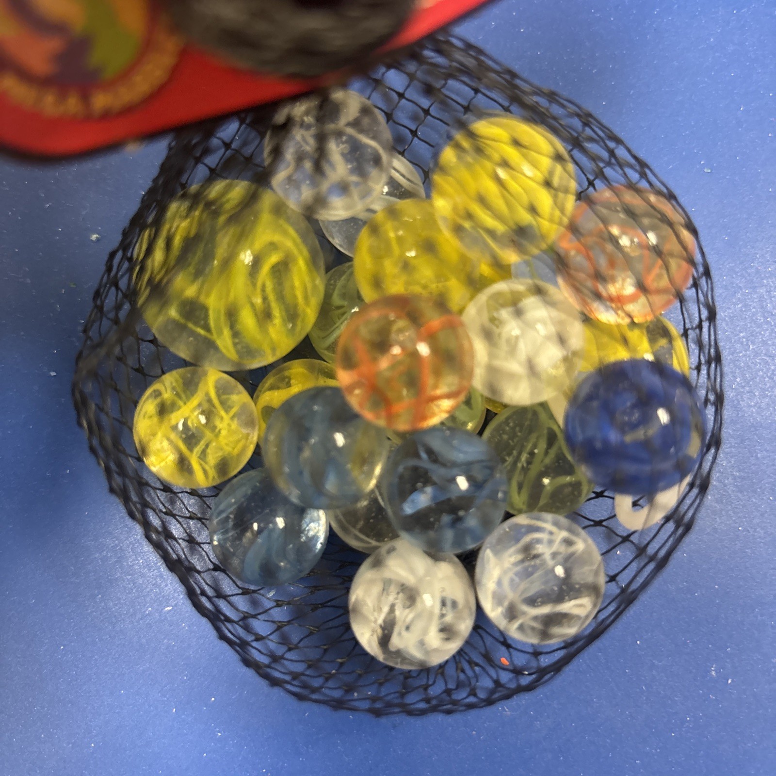 Net Bag 25 “Streamers” Glass Mega Marbles 24 Players & 1 Shooter Ribbons