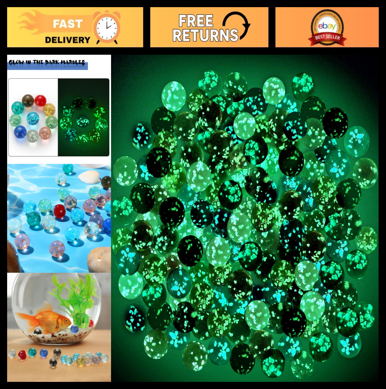 100 Colorful Glow in The Dark Glass Marbles – Luminous Multi-Color for Games & D